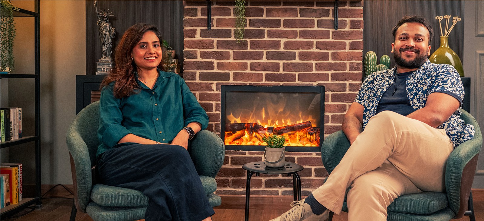 Fireplace corner setup for a two-person conversation